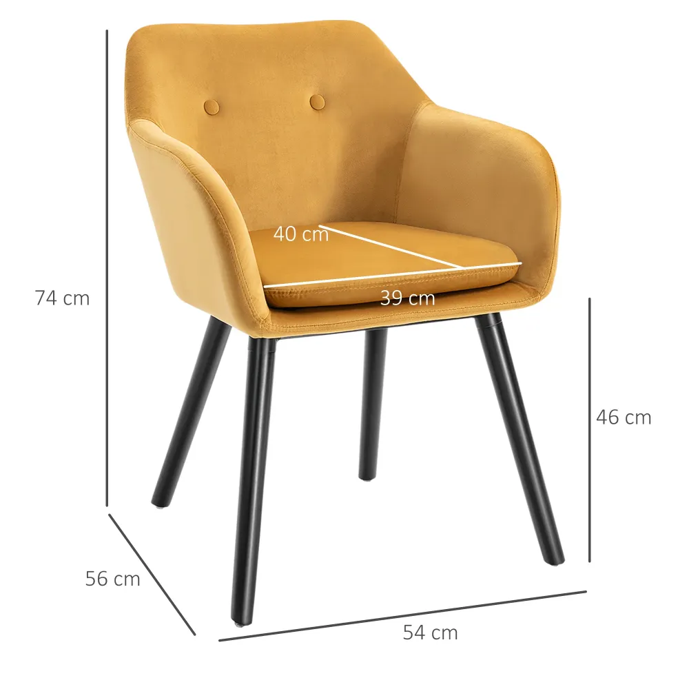 EasyComfort Set di 2 Sedie per Sala da Pranzo con Braccioli Imbottite e Velluto, 54x56x74cm, Giallo