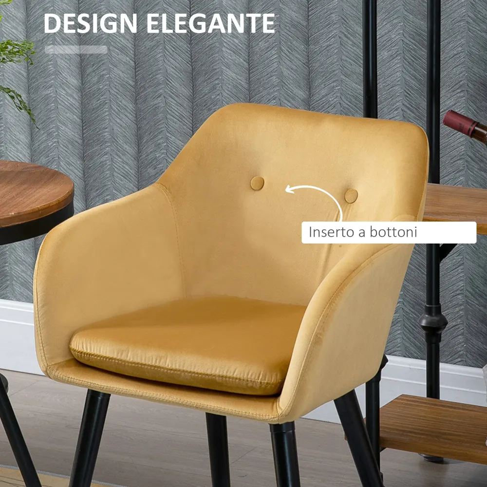 EasyComfort Set di 2 Sedie per Sala da Pranzo con Braccioli Imbottite e Velluto, 54x56x74cm, Giallo