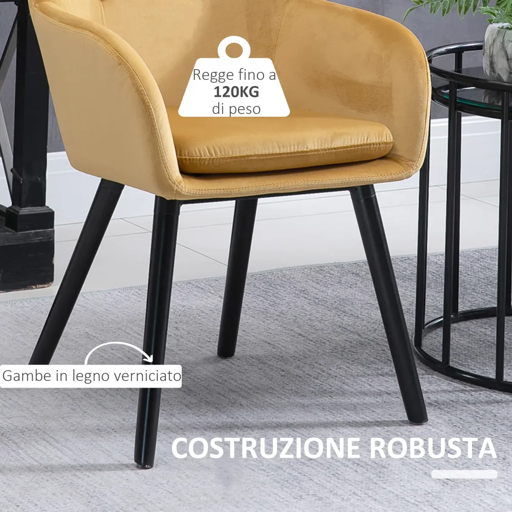 EasyComfort Set di 2 Sedie per Sala da Pranzo con Braccioli Imbottite e Velluto, 54x56x74cm, Giallo