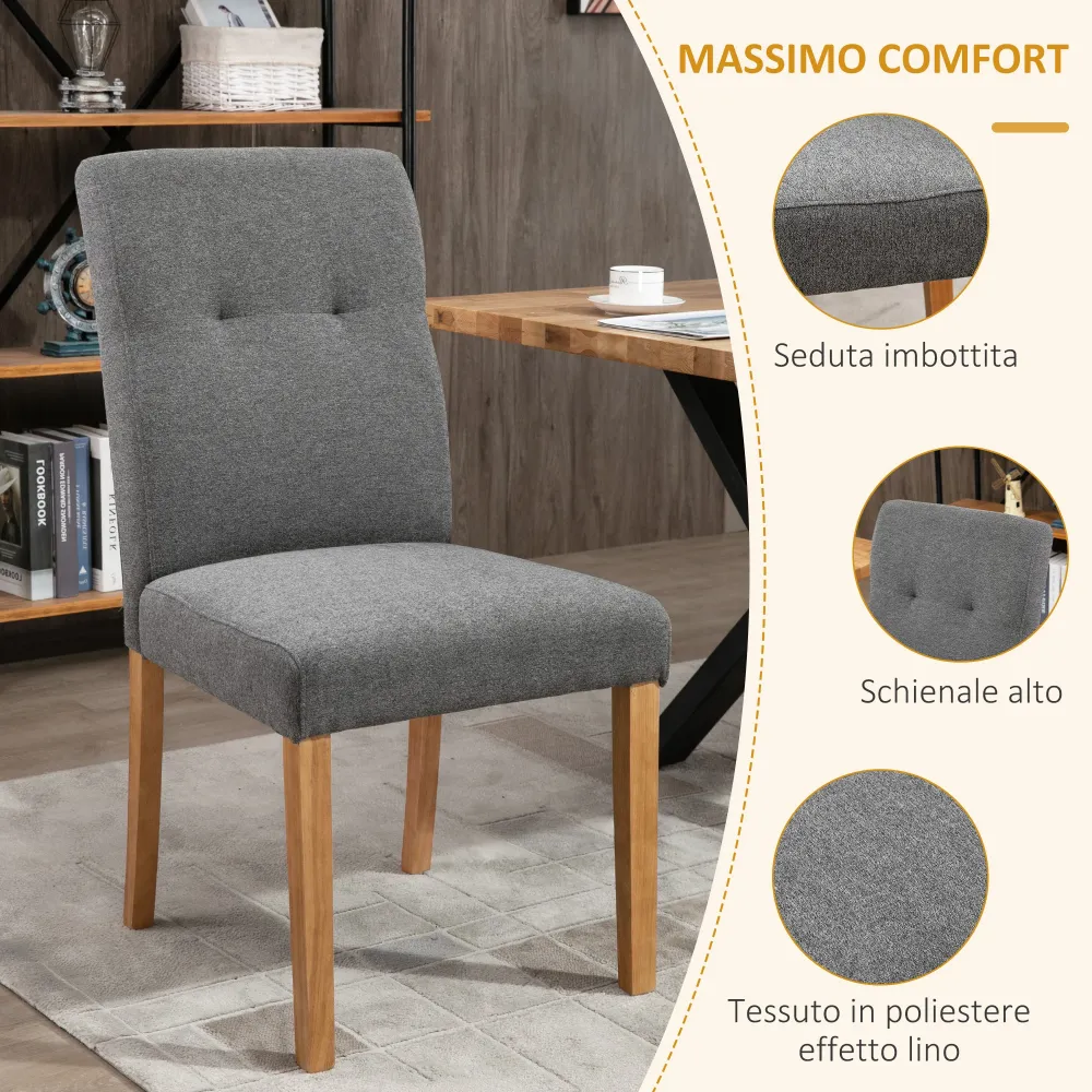 EasyComfort Set 2 Sedie da Pranzo Imbottite con Schienale Alto e Gambe Legno, 50x62x96 cm, Grigio Scuro
