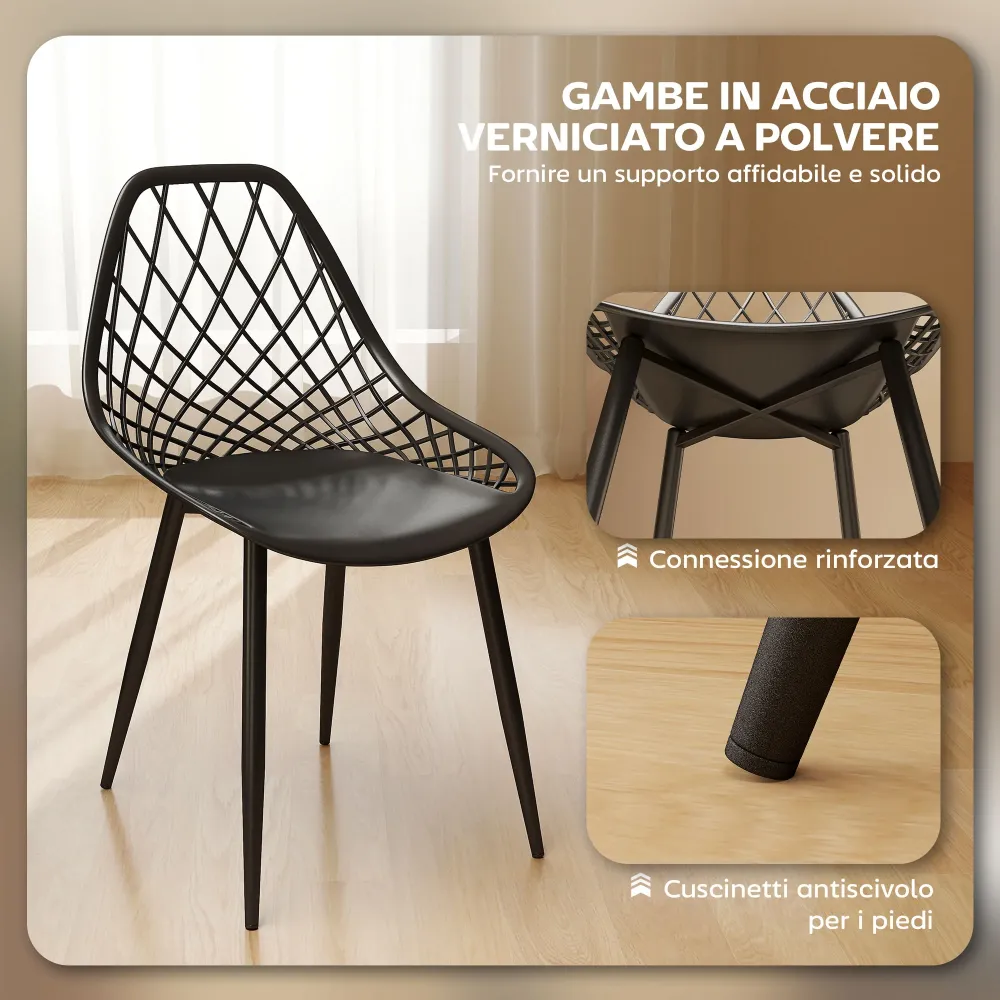 EasyComfort Set 4 Sedie da Pranzo Moderne con Schienale Traforato Plastica e Gambe Metallo, Nero