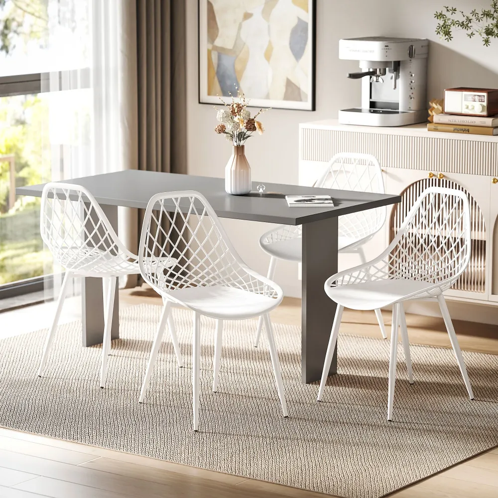 EasyComfort Set 4 Sedie da Pranzo Moderne con Schienale Traforato Plastica e Gambe Metallo, per Cucina e Soggiorno, Bianco