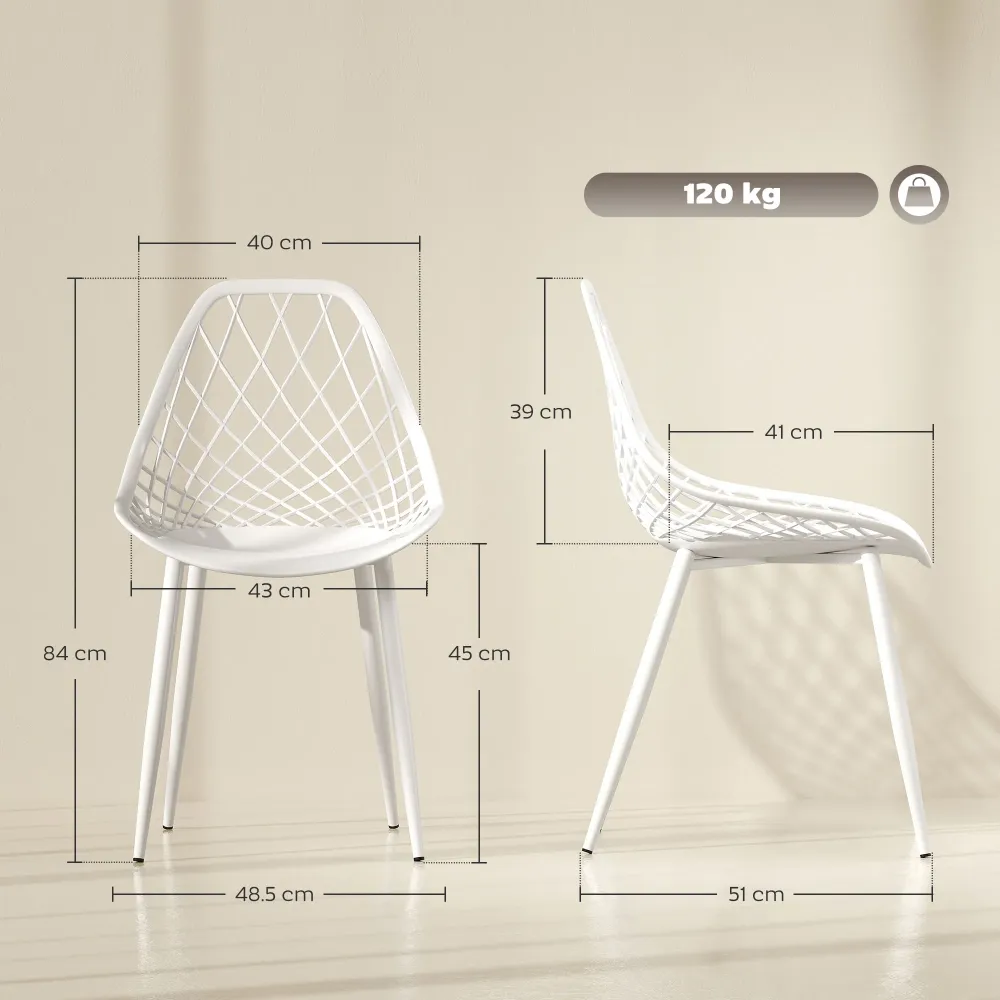 EasyComfort Set 4 Sedie da Pranzo Moderne con Schienale Traforato Plastica e Gambe Metallo, per Cucina e Soggiorno, Bianco