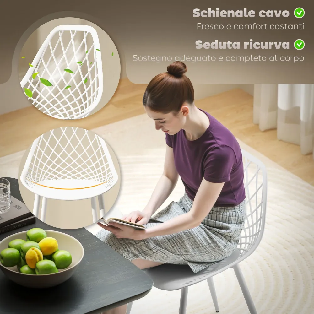 EasyComfort Set 4 Sedie da Pranzo Moderne con Schienale Traforato Plastica e Gambe Metallo, per Cucina e Soggiorno, Bianco