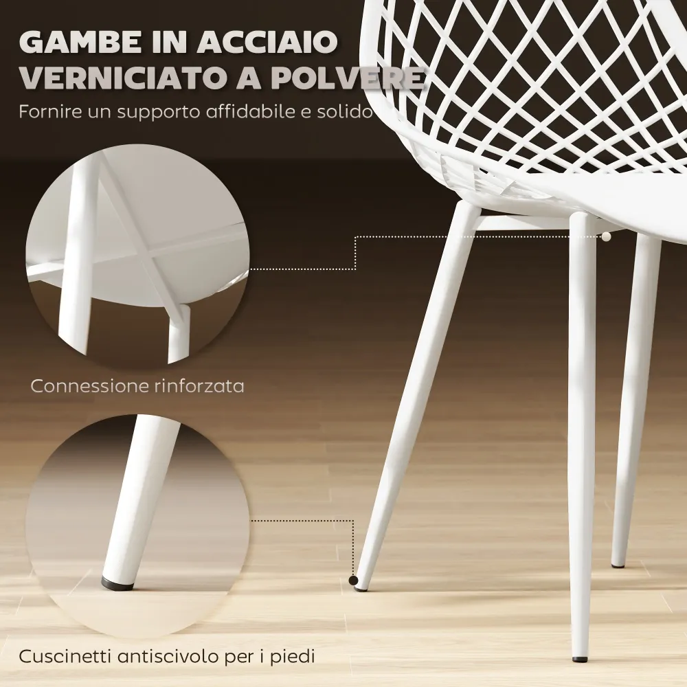 EasyComfort Set 4 Sedie da Pranzo Moderne con Schienale Traforato Plastica e Gambe Metallo, per Cucina e Soggiorno, Bianco