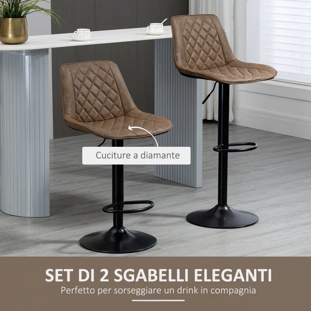 EasyComfort Set 2 Sgabelli Alti da Bar con Altezza Regolabile e Girevoli, seduta imbottita con poggiapiedi Pelle, Marrone...