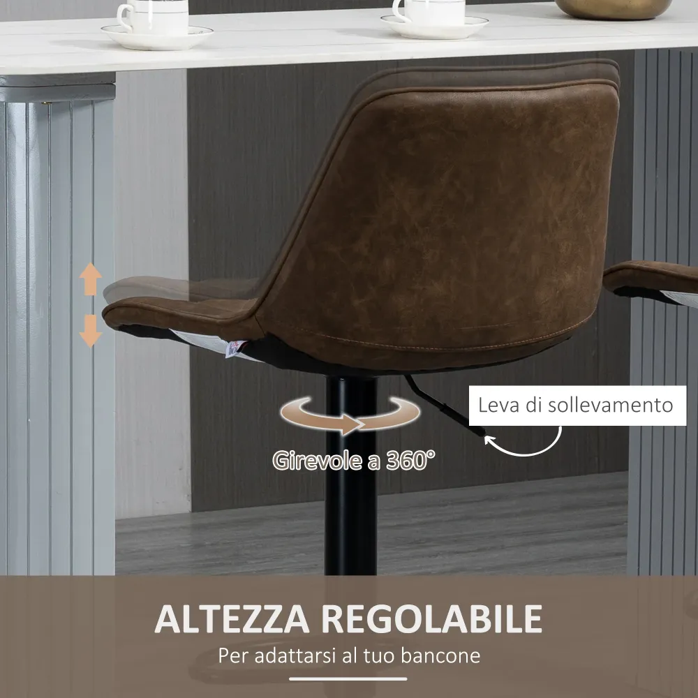 EasyComfort Set 2 Sgabelli Alti da Bar con Altezza Regolabile e Girevoli, seduta imbottita con poggiapiedi Pelle, Marrone...