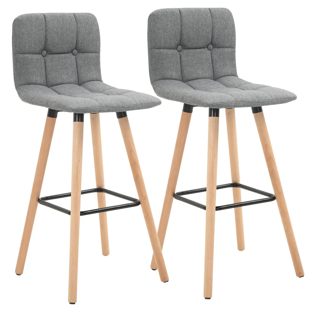 EasyComfort Set 2 Sgabelli Alti da Bar Moderno con Schienale e Poggiapiedi, Seduta Imbottita Tessuto e Gambe Legno, Grigio