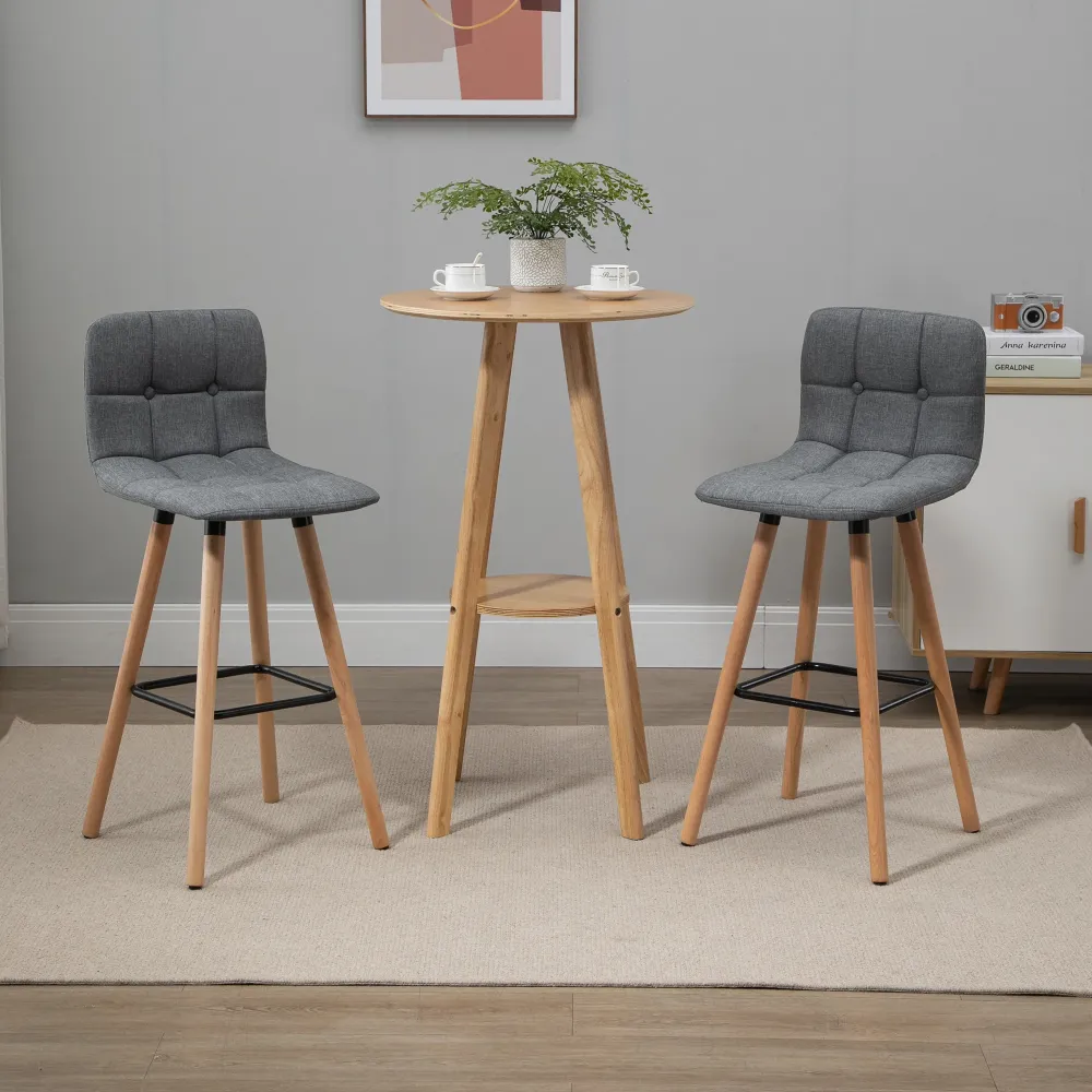 EasyComfort Set 2 Sgabelli Alti da Bar Moderno con Schienale e Poggiapiedi, Seduta Imbottita Tessuto e Gambe Legno, Grigio