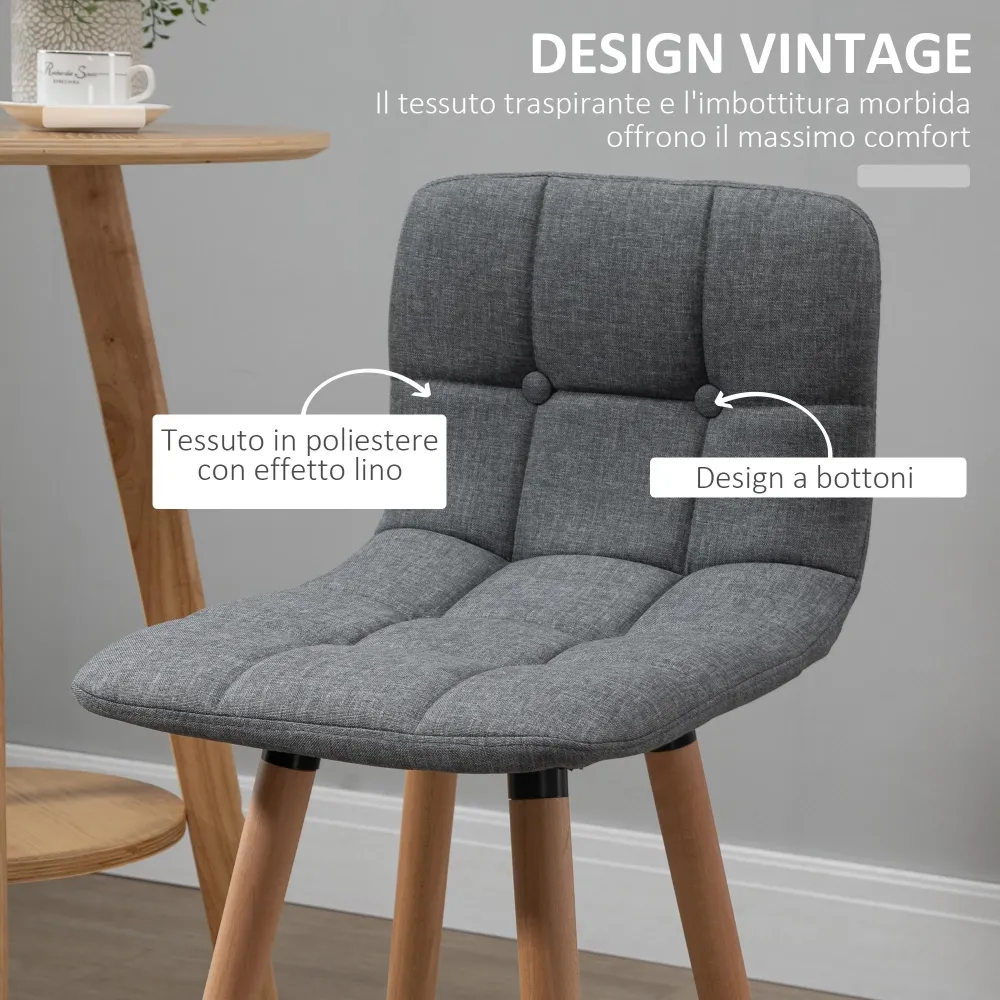 EasyComfort Set 2 Sgabelli Alti da Bar Moderno con Schienale e Poggiapiedi, Seduta Imbottita Tessuto e Gambe Legno, Grigio
