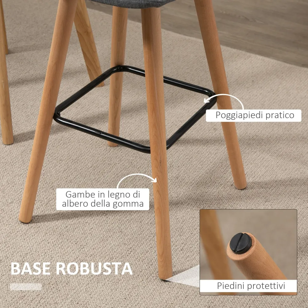 EasyComfort Set 2 Sgabelli Alti da Bar Moderno con Schienale e Poggiapiedi, Seduta Imbottita Tessuto e Gambe Legno, Grigio