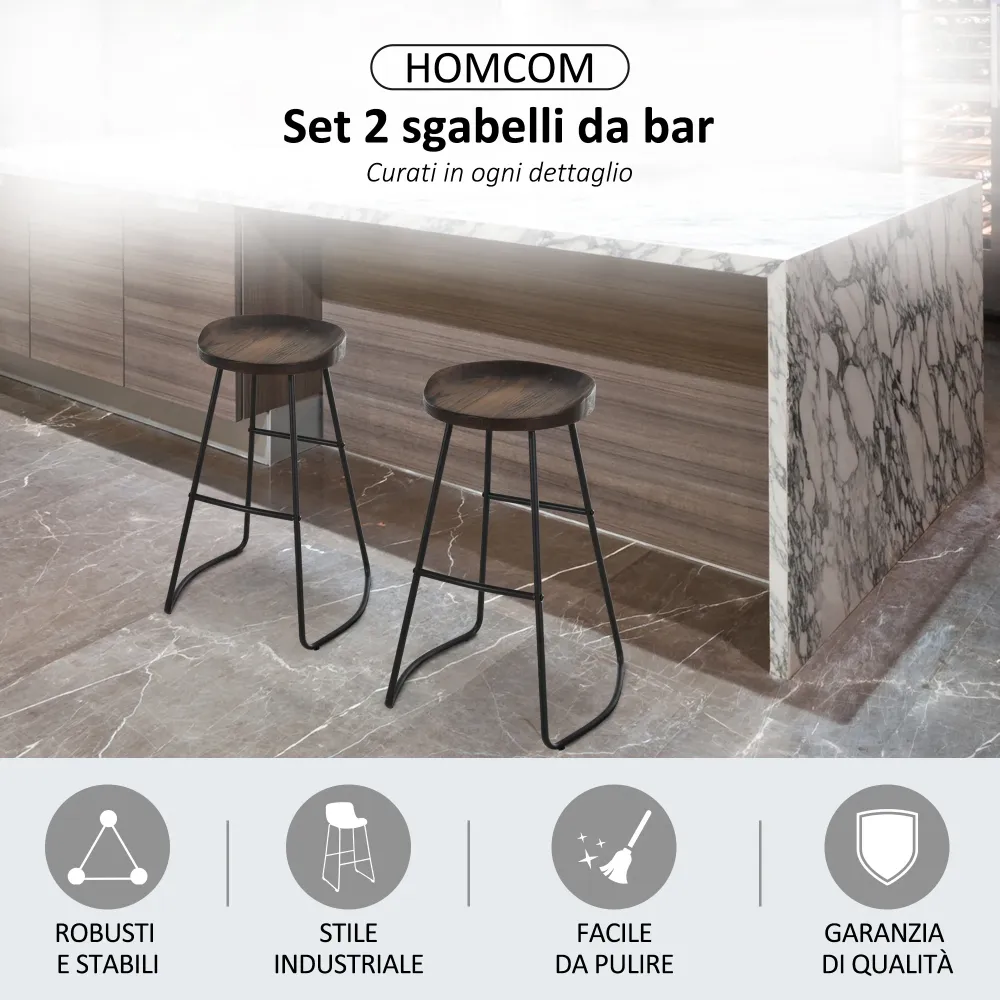 Easycomfort Set 2 Sgabelli Alti Stile Industriale, Sgabelli da Bar con Telaio Acciaio Nero e Seduta Legno, Sgabelli Vintag...