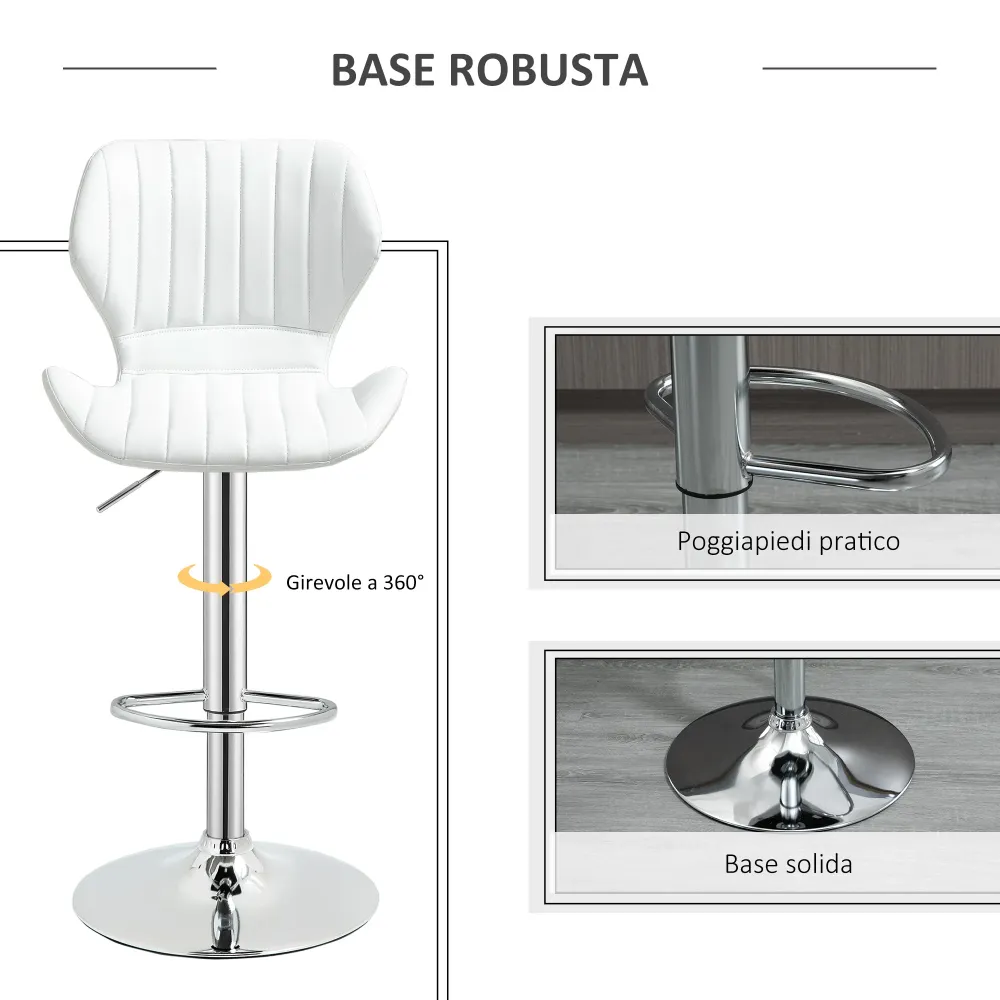 EasyComfort Set 2 Sgabelli da Bar Ergonomici ad Altezza Regolabile con Poggiapiedi, 47x51.5x92-114 cm, Bianco
