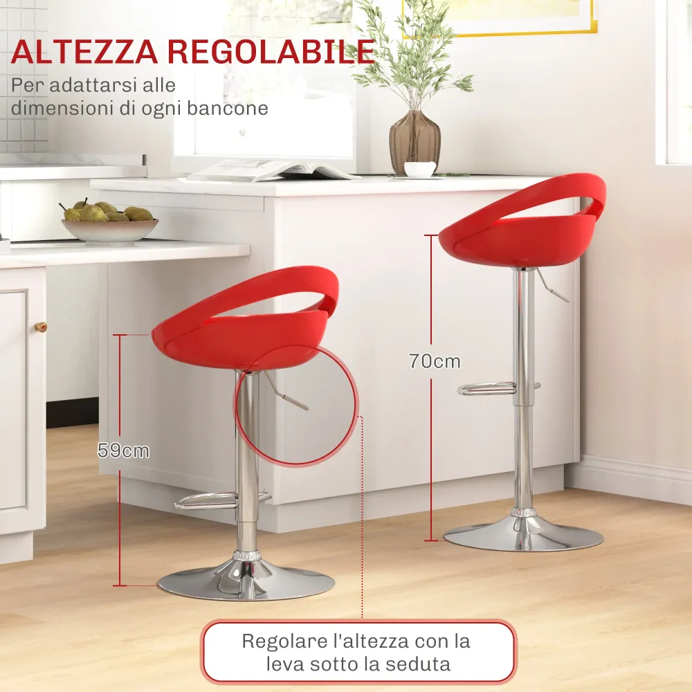 EasyComfort Set 2 Sgabelli da Bar Girevoli con Poggiapiedi, Altezza Regolabile Base Acciaio Seduta ABS, Rosso