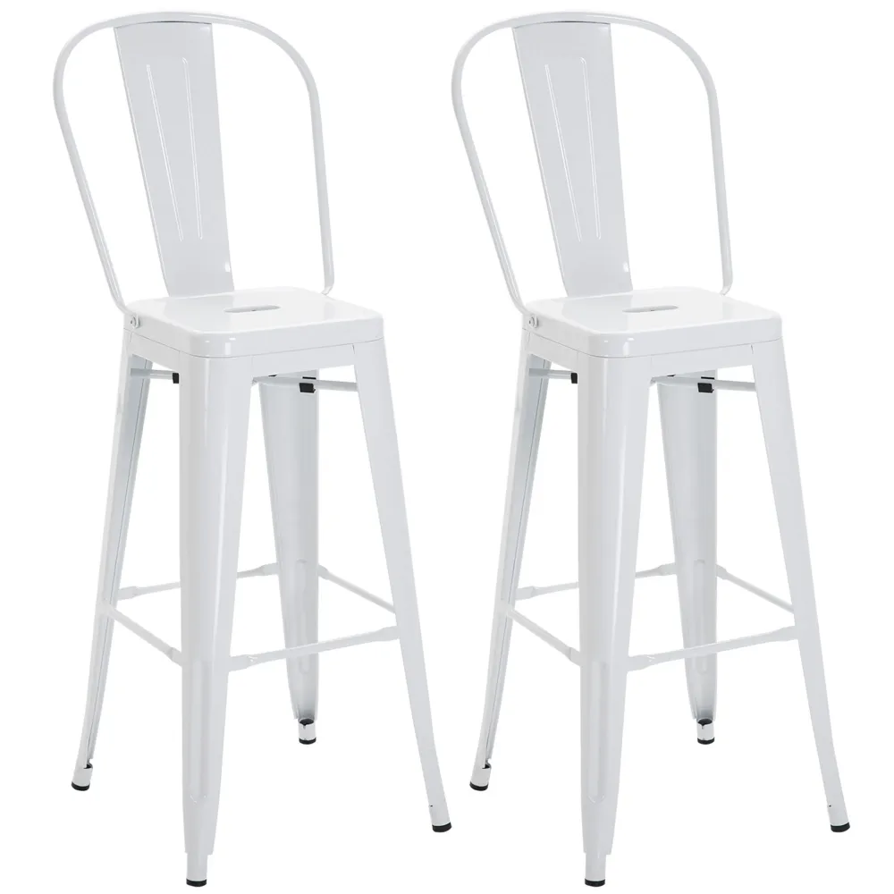 EasyComfort Set 2 Sgabelli da Bar Impilabili Metallo con Schienale Rimovibile e Poggiapiedi, Bianco