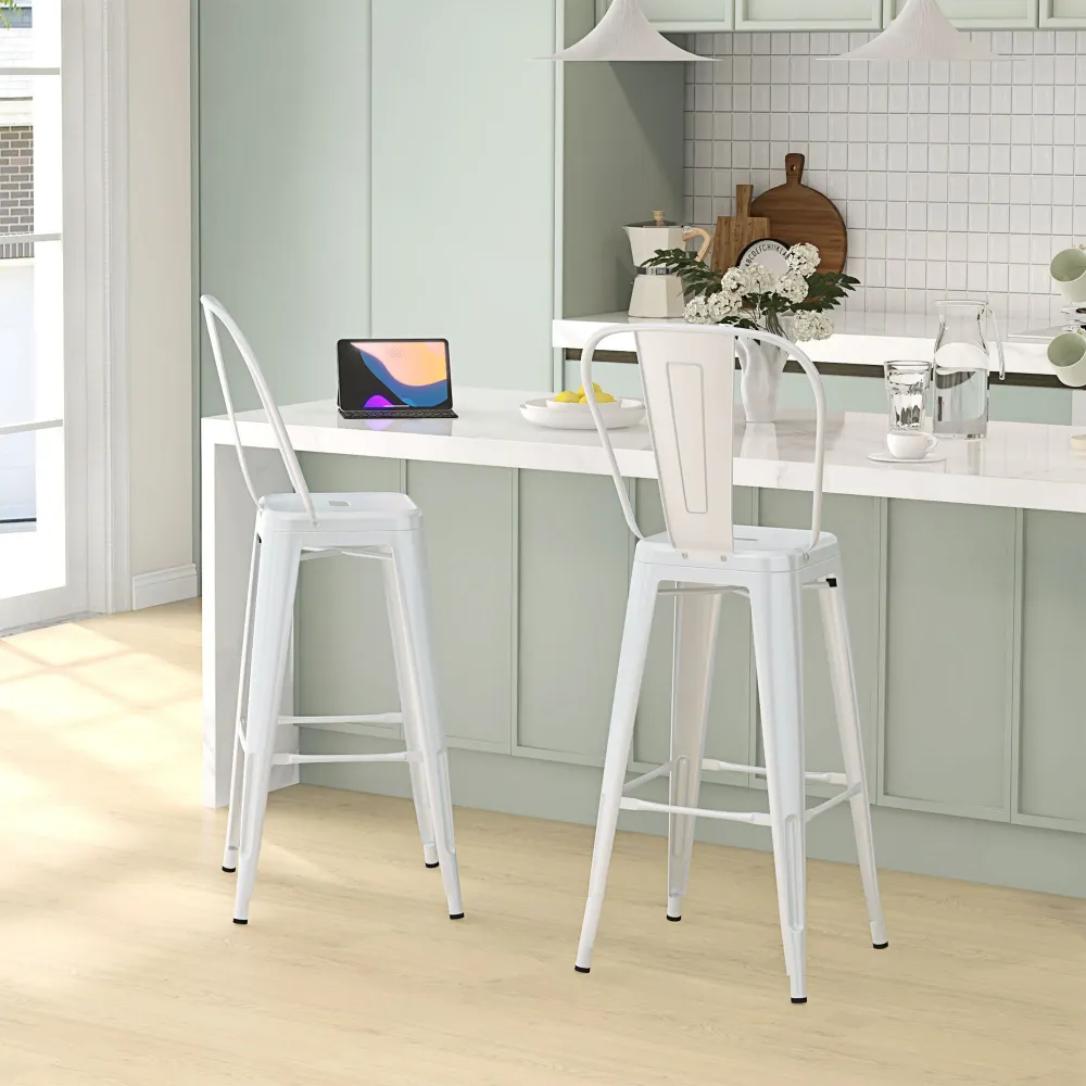 EasyComfort Set 2 Sgabelli da Bar Impilabili Metallo con Schienale Rimovibile e Poggiapiedi, Bianco