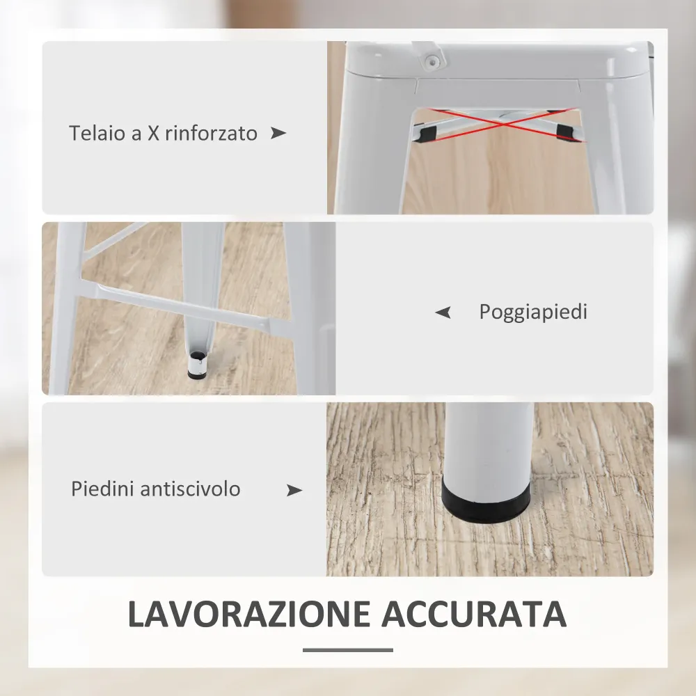 EasyComfort Set 2 Sgabelli da Bar Impilabili Metallo con Schienale Rimovibile e Poggiapiedi, Bianco