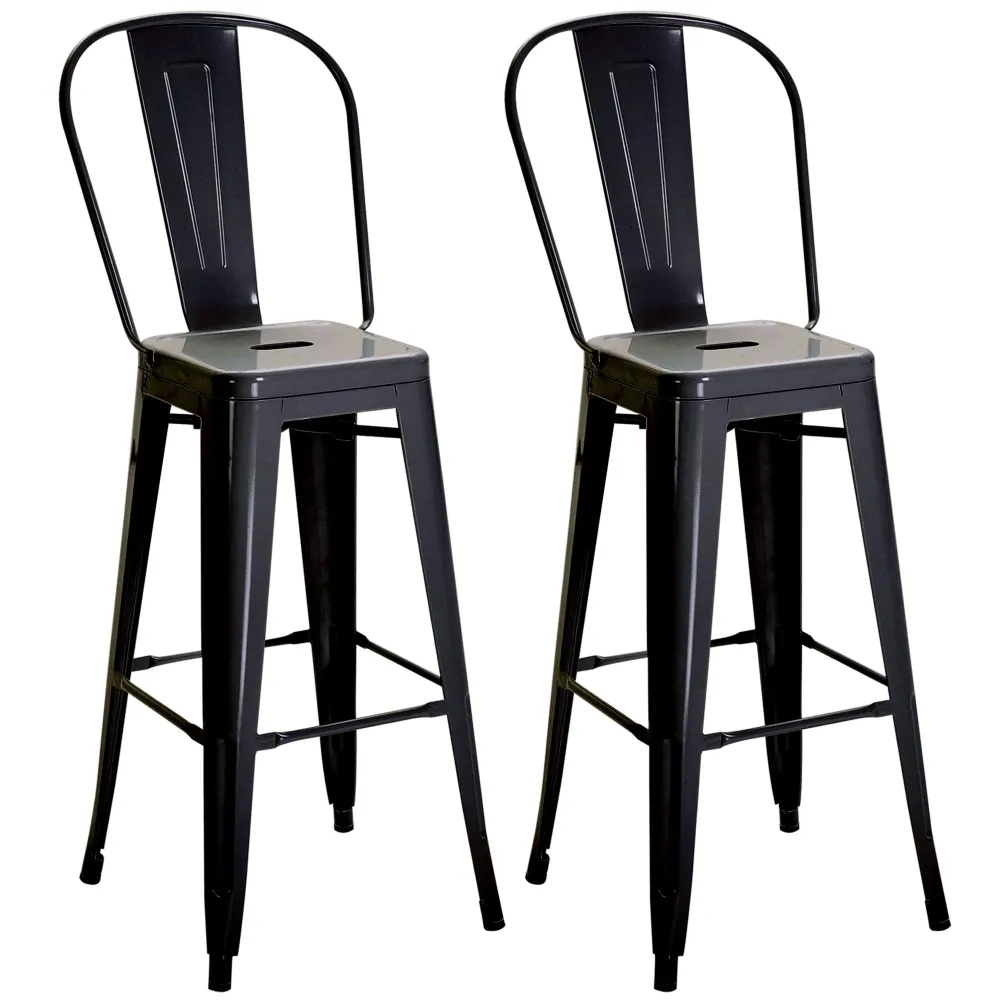 EasyComfort Set 2 Sgabelli da Bar Industriale con Schienale Rimovibile e Poggiapiedi, Metallo, 44x49x116 cm, Nero