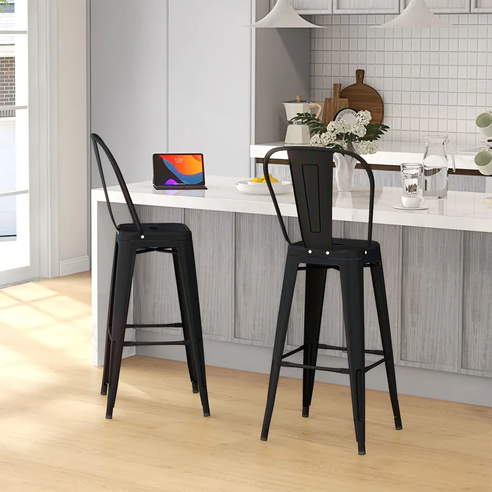 EasyComfort Set 2 Sgabelli da Bar Industriale con Schienale Rimovibile e Poggiapiedi, Metallo, 44x49x116 cm, Nero