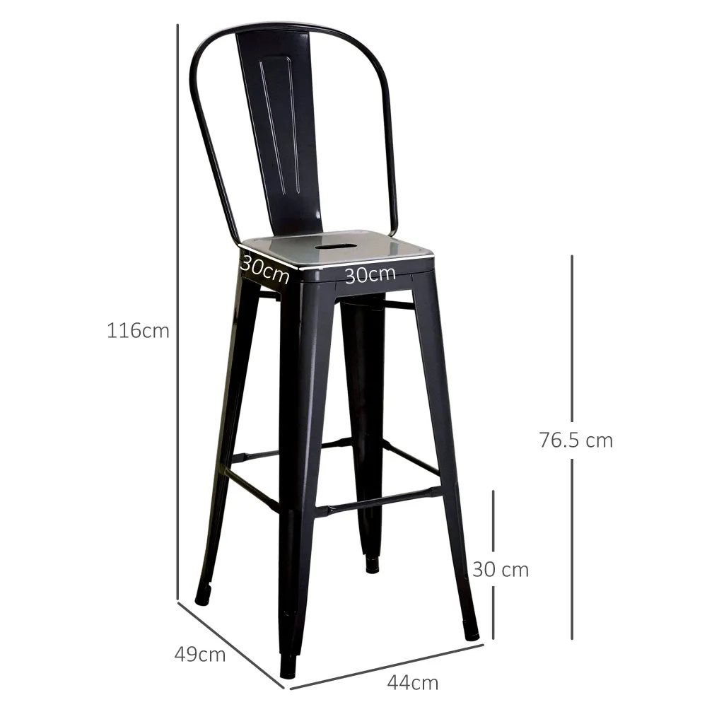EasyComfort Set 2 Sgabelli da Bar Industriale con Schienale Rimovibile e Poggiapiedi, Metallo, 44x49x116 cm, Nero