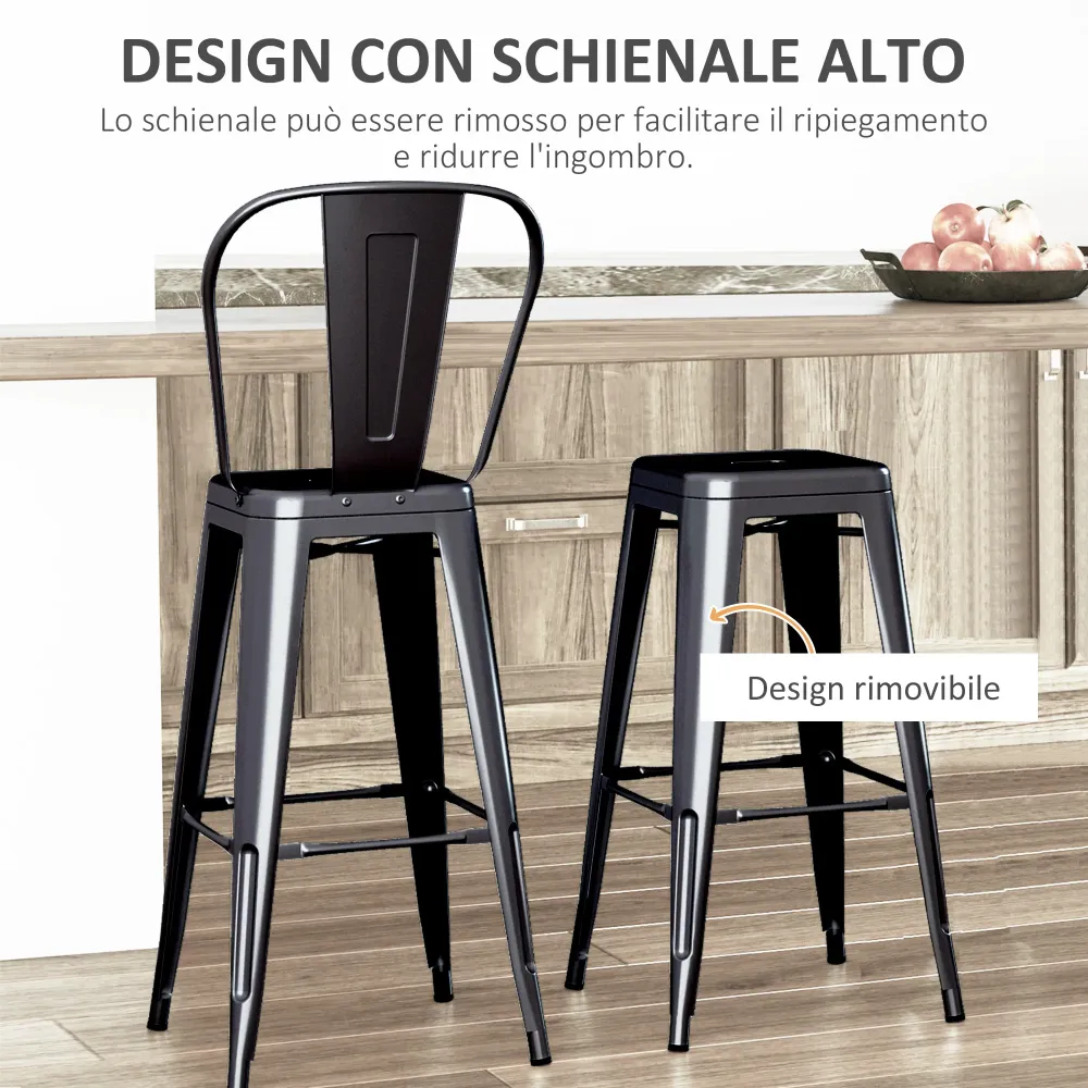 EasyComfort Set 2 Sgabelli da Bar Industriale con Schienale Rimovibile e Poggiapiedi, Metallo, 44x49x116 cm, Nero
