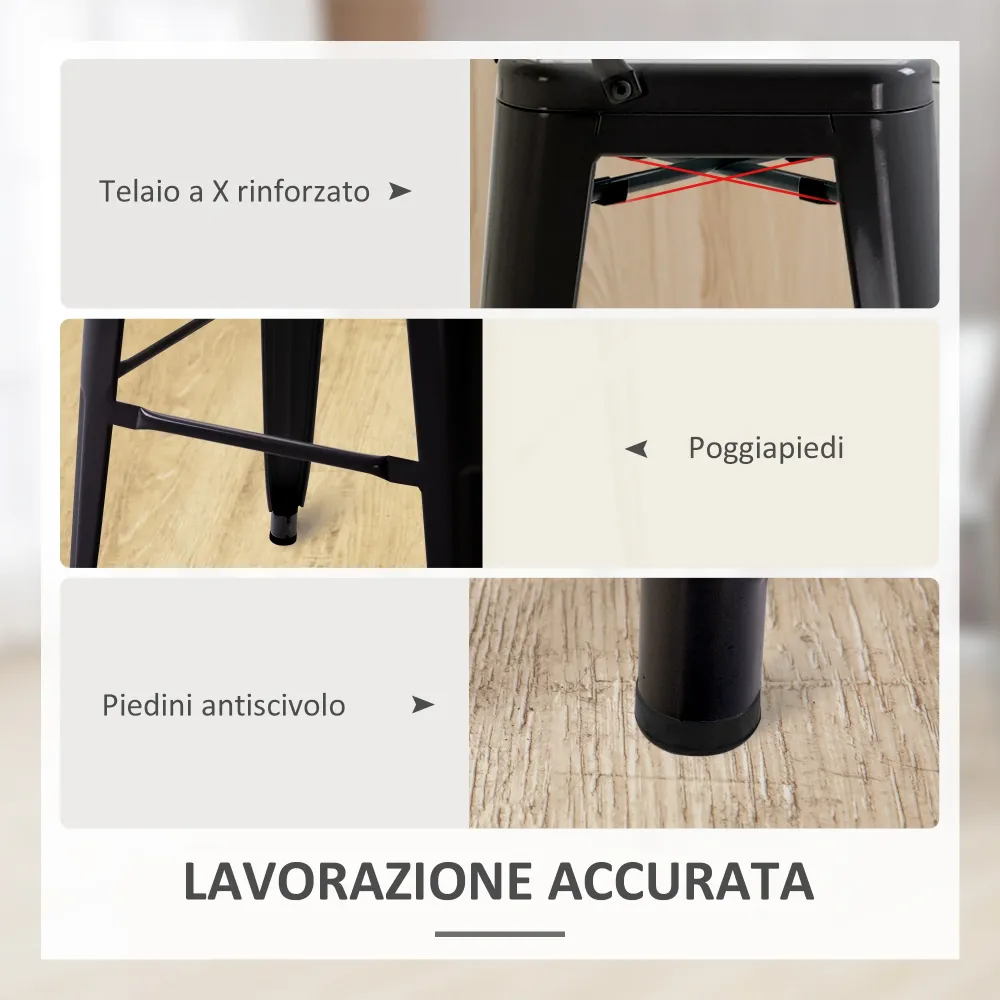 EasyComfort Set 2 Sgabelli da Bar Industriale con Schienale Rimovibile e Poggiapiedi, Metallo, 44x49x116 cm, Nero
