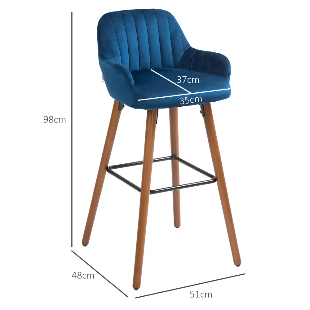 EasyComfort Set 2 Sgabelli da Bar Moderni Velluto con Schienale e Braccioli, Base Legno e Poggiapiedi, Blu Scuro