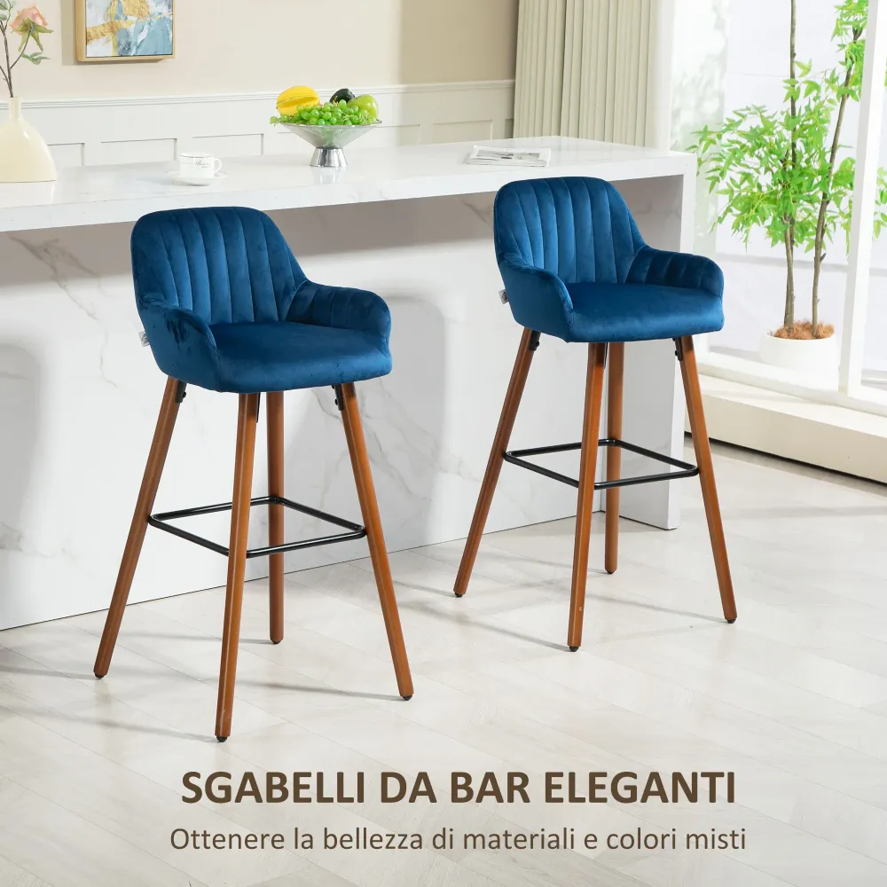 EasyComfort Set 2 Sgabelli da Bar Moderni Velluto con Schienale e Braccioli, Base Legno e Poggiapiedi, Blu Scuro