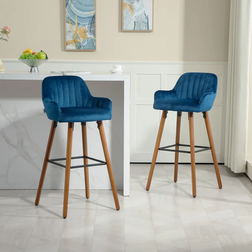 EasyComfort Set 2 Sgabelli da Bar Moderni Velluto con Schienale e Braccioli, Base Legno e Poggiapiedi, Blu Scuro