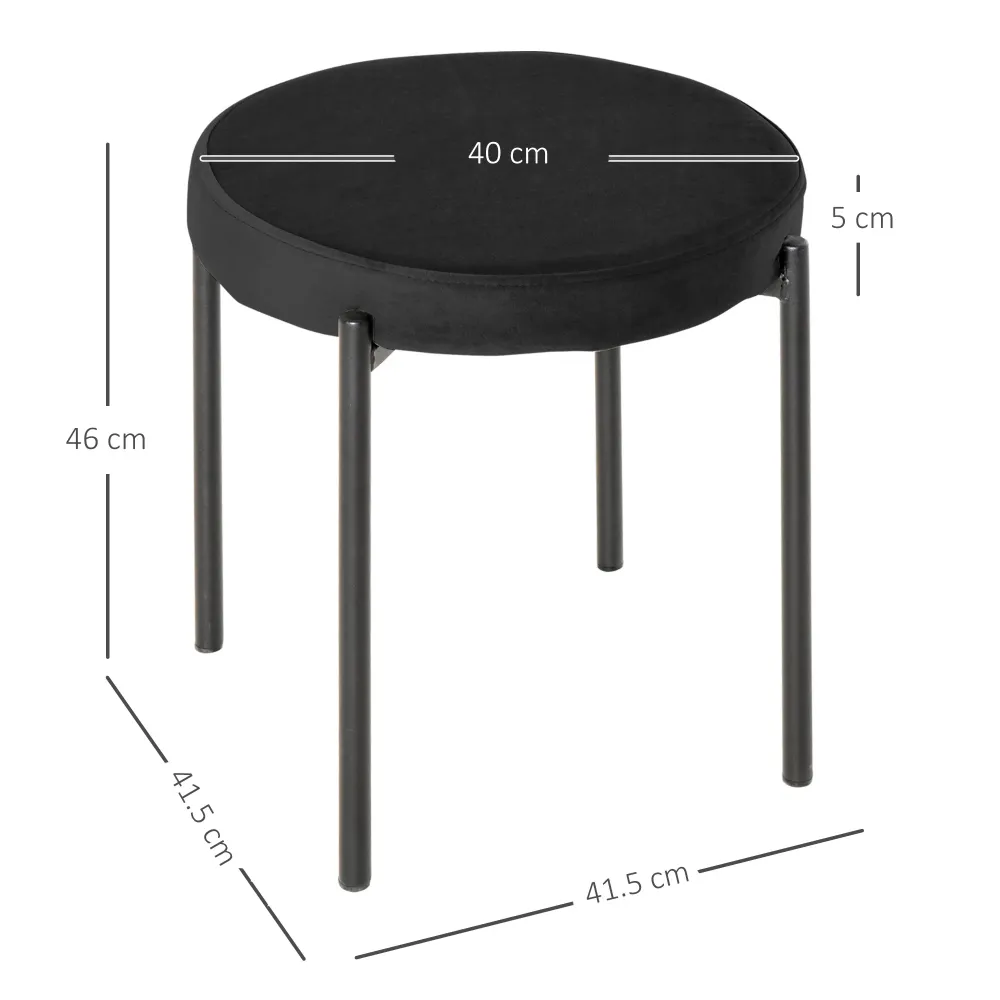 EasyComfort Set 4 Sgabelli Bassi e Rotondi Metallo e Tessuto Effetto Velluto, 41.5x41.5x46 cm, Nero