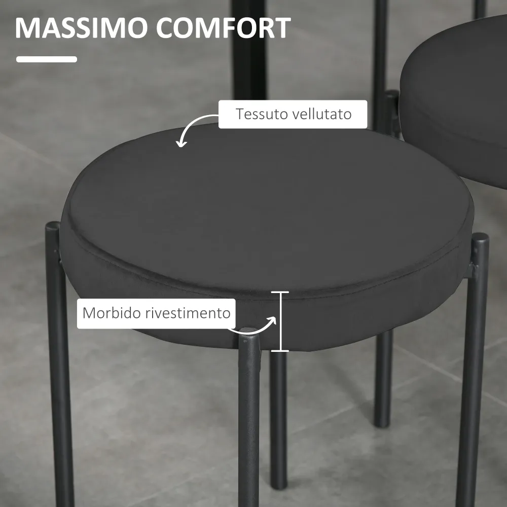 EasyComfort Set 4 Sgabelli Bassi e Rotondi Metallo e Tessuto Effetto Velluto, 41.5x41.5x46 cm, Nero