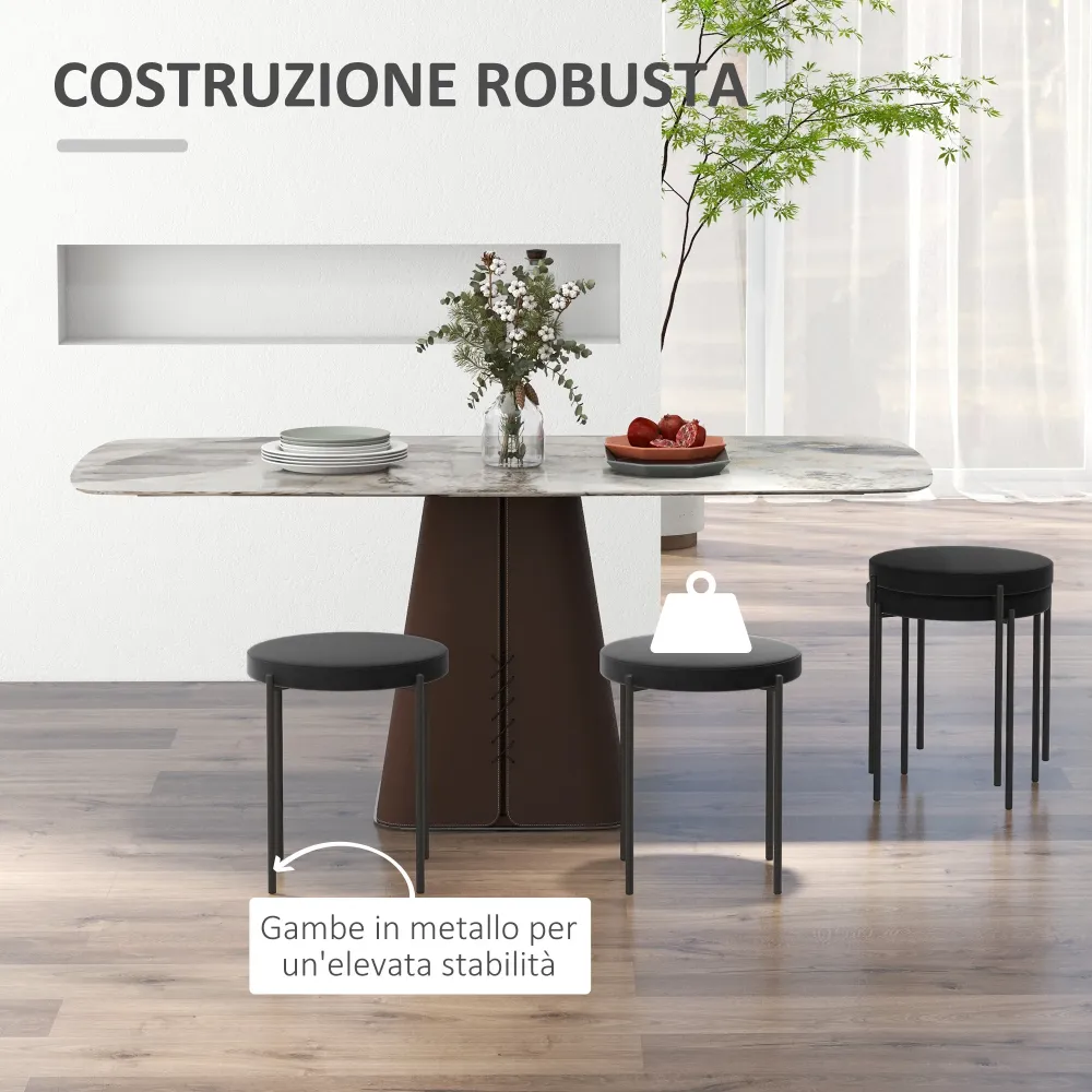EasyComfort Set 4 Sgabelli Bassi e Rotondi Metallo e Tessuto Effetto Velluto, 41.5x41.5x46 cm, Nero