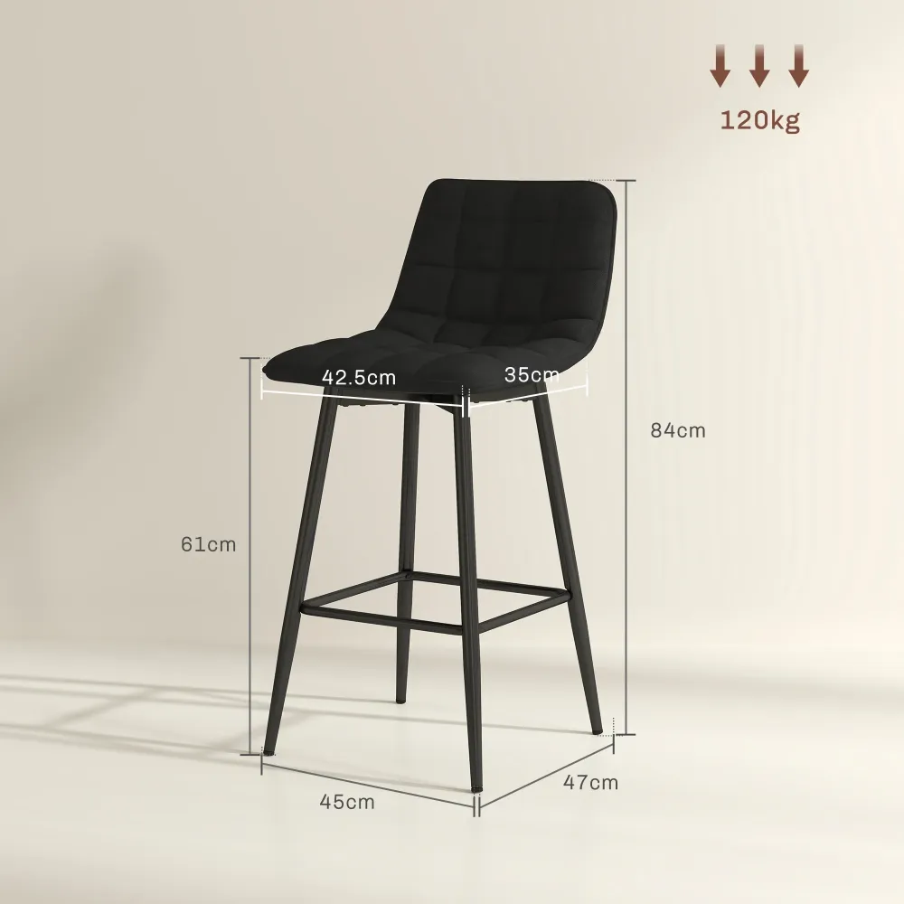 EasyComfort Set 2 Sgabelli da Cucina Stile Nordico Tessuto Effetto Velluto e Metallo, 45x47x84 cm, Nero