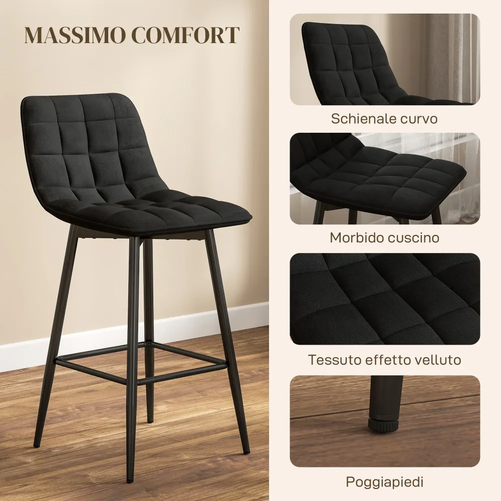 EasyComfort Set 2 Sgabelli da Cucina Stile Nordico Tessuto Effetto Velluto e Metallo, 45x47x84 cm, Nero