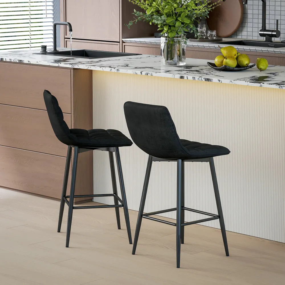 EasyComfort Set 2 Sgabelli da Cucina Stile Nordico Tessuto Effetto Velluto e Metallo, 45x47x84 cm, Nero