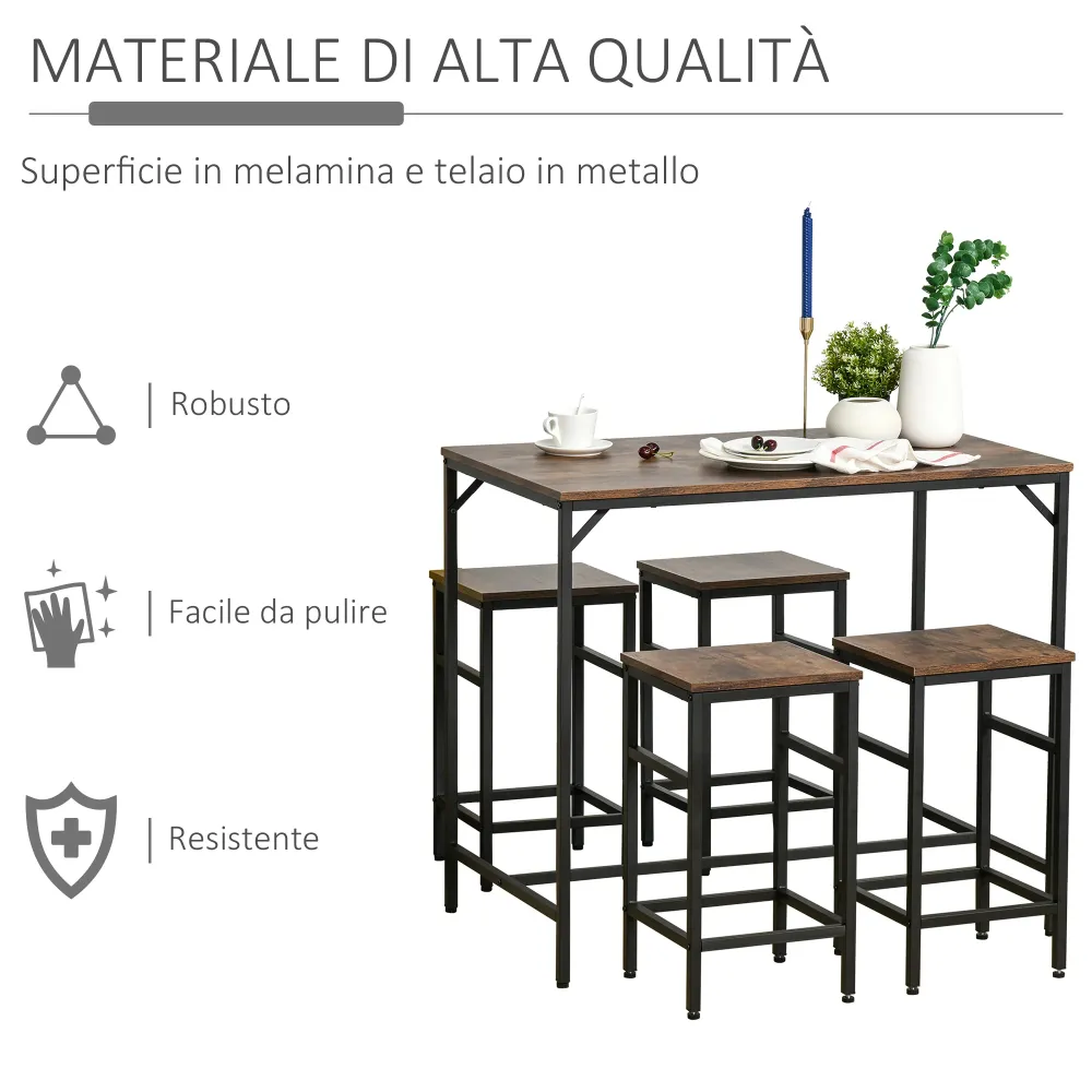 EasyComfort Set Tavolo Alto con 4 Sgabelli Stile Industriale Metallo e Legno, Arredamento Moderno Soggiorno e Cucina, Marr...
