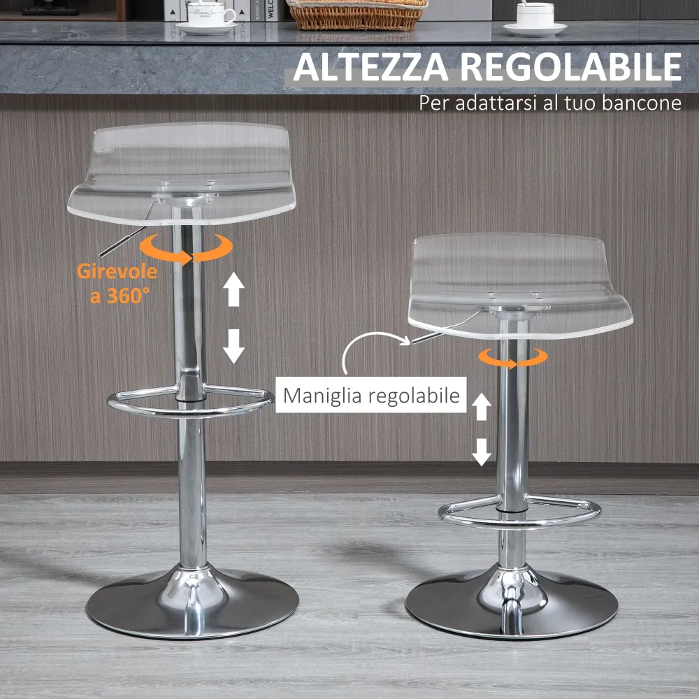 EasyComfort Sgabelli Alti da Bar Moderno con Altezza Regolabile, Set 2 Seduta Girevole e Poggiapiedi, Metallo e Acrilico,...