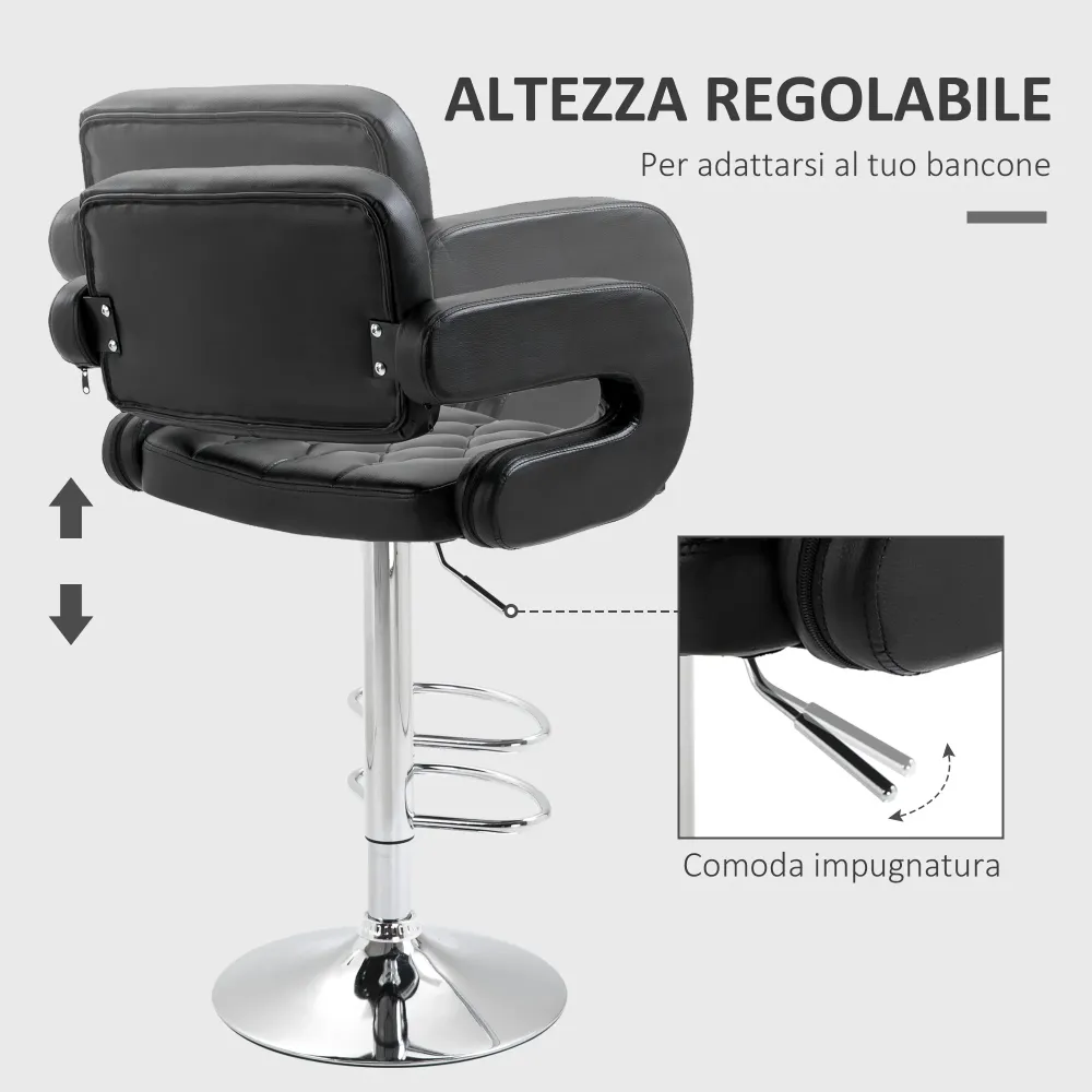 EasyComfort Sgabello da Bar Alto con Schienale e Braccioli, Girevole con Altezza Regolabile e Poggiapiedi, Finta Pelle Nera