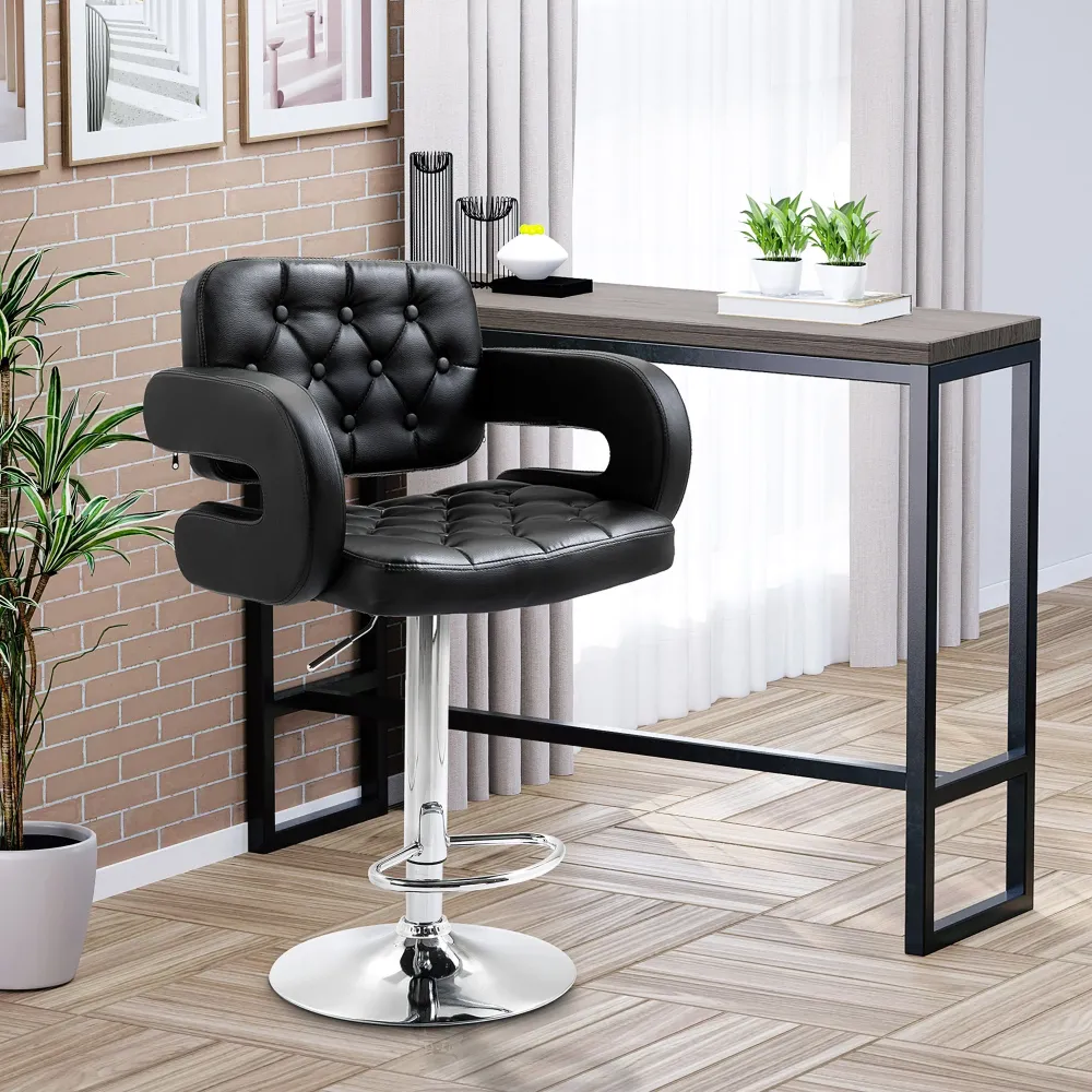 EasyComfort Sgabello da Bar Alto con Schienale e Braccioli, Girevole con Altezza Regolabile e Poggiapiedi, Finta Pelle Nera
