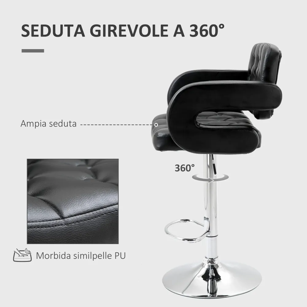 EasyComfort Sgabello da Bar Alto con Schienale e Braccioli, Girevole con Altezza Regolabile e Poggiapiedi, Finta Pelle Nera