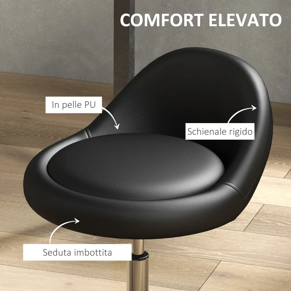 EasyComfort Sgabello con Ruote, Seduta Girevole, Altezza Regolabile e Rivestimento Finta Pelle PU, Nero
