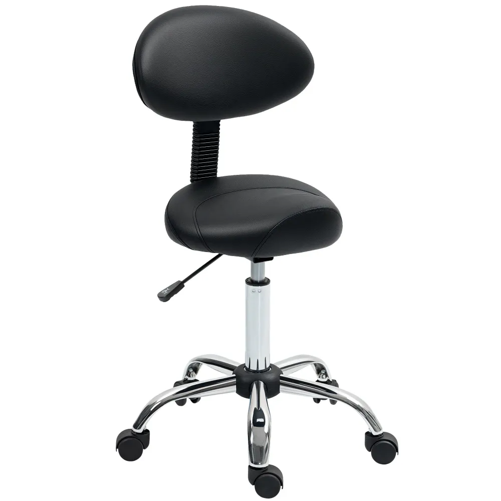 EasyComfort Sgabello Estetista con Ruote e Schienale, Altezza Regolabile e Seduta Girevole Finta Pelle, Nero