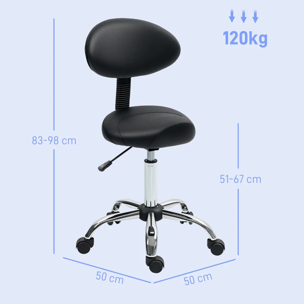 EasyComfort Sgabello Estetista con Ruote e Schienale, Altezza Regolabile e Seduta Girevole Finta Pelle, Nero
