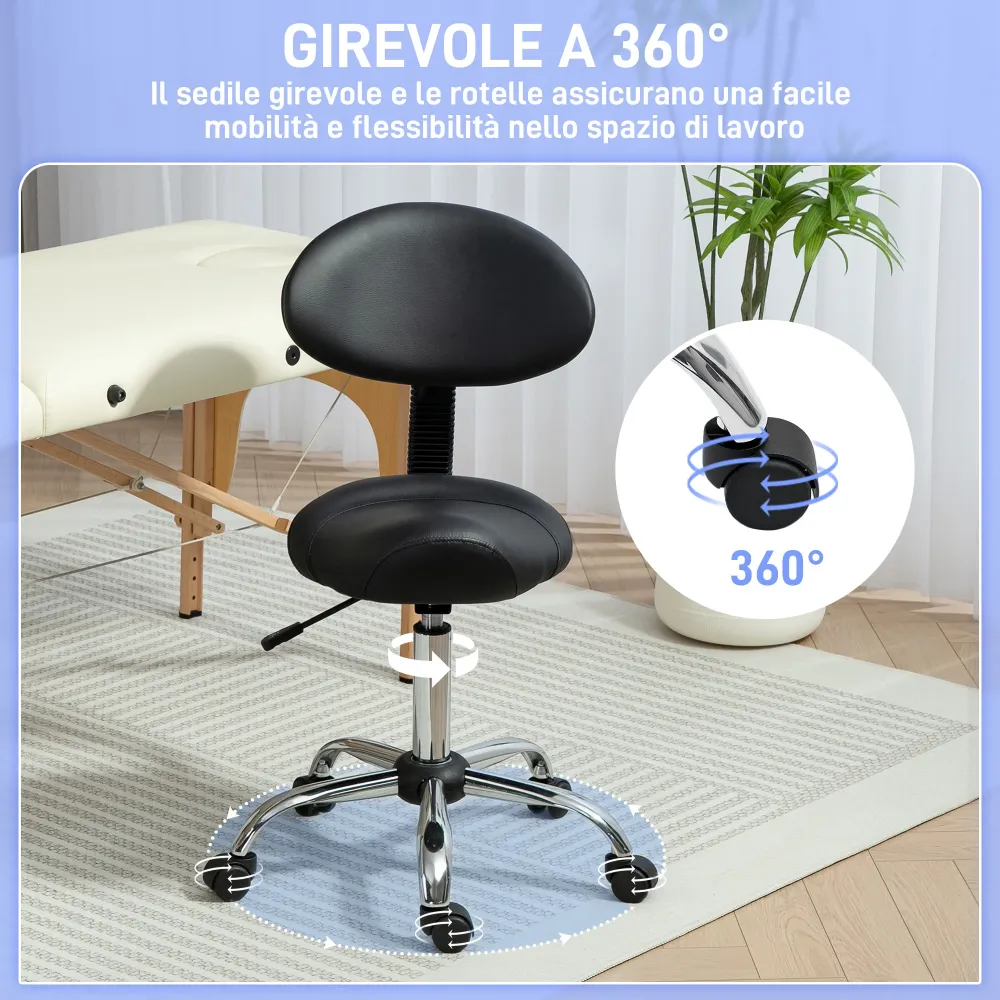 EasyComfort Sgabello Estetista con Ruote e Schienale, Altezza Regolabile e Seduta Girevole Finta Pelle, Nero
