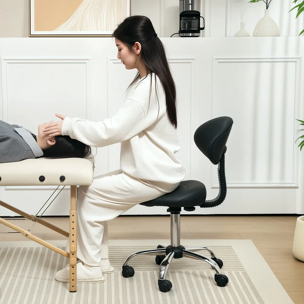 EasyComfort Sgabello Estetista con Ruote e Schienale, Altezza Regolabile e Seduta Girevole Finta Pelle, Nero