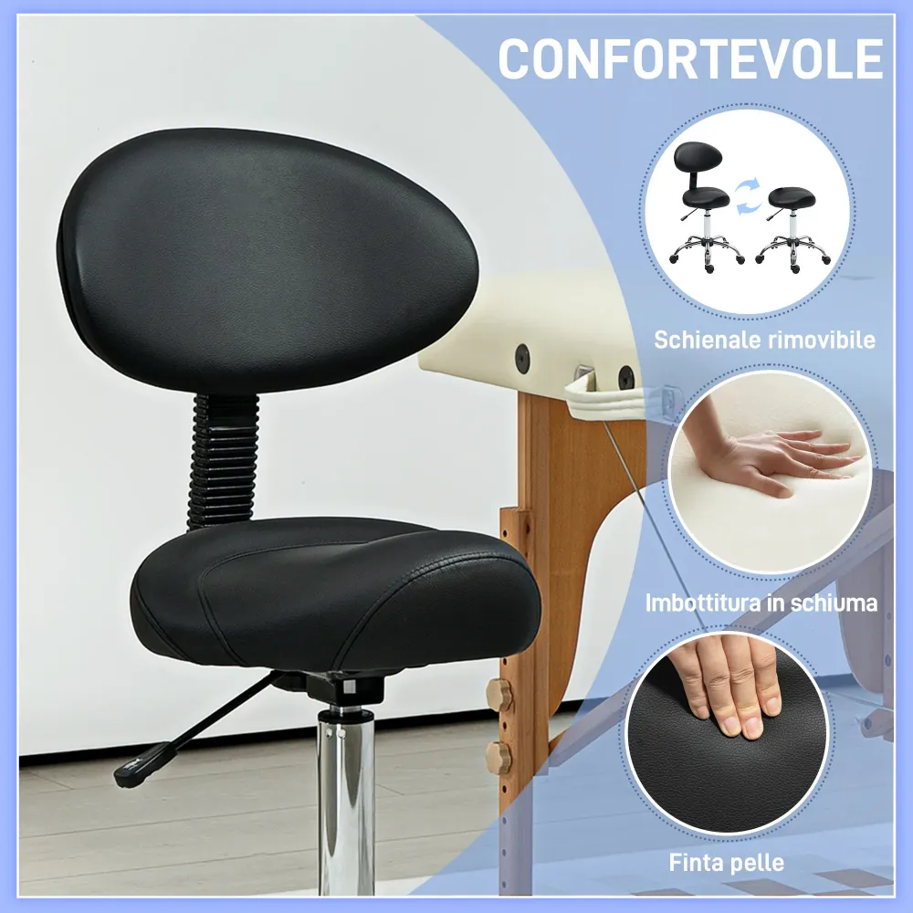 EasyComfort Sgabello Estetista con Ruote e Schienale, Altezza Regolabile e Seduta Girevole Finta Pelle, Nero