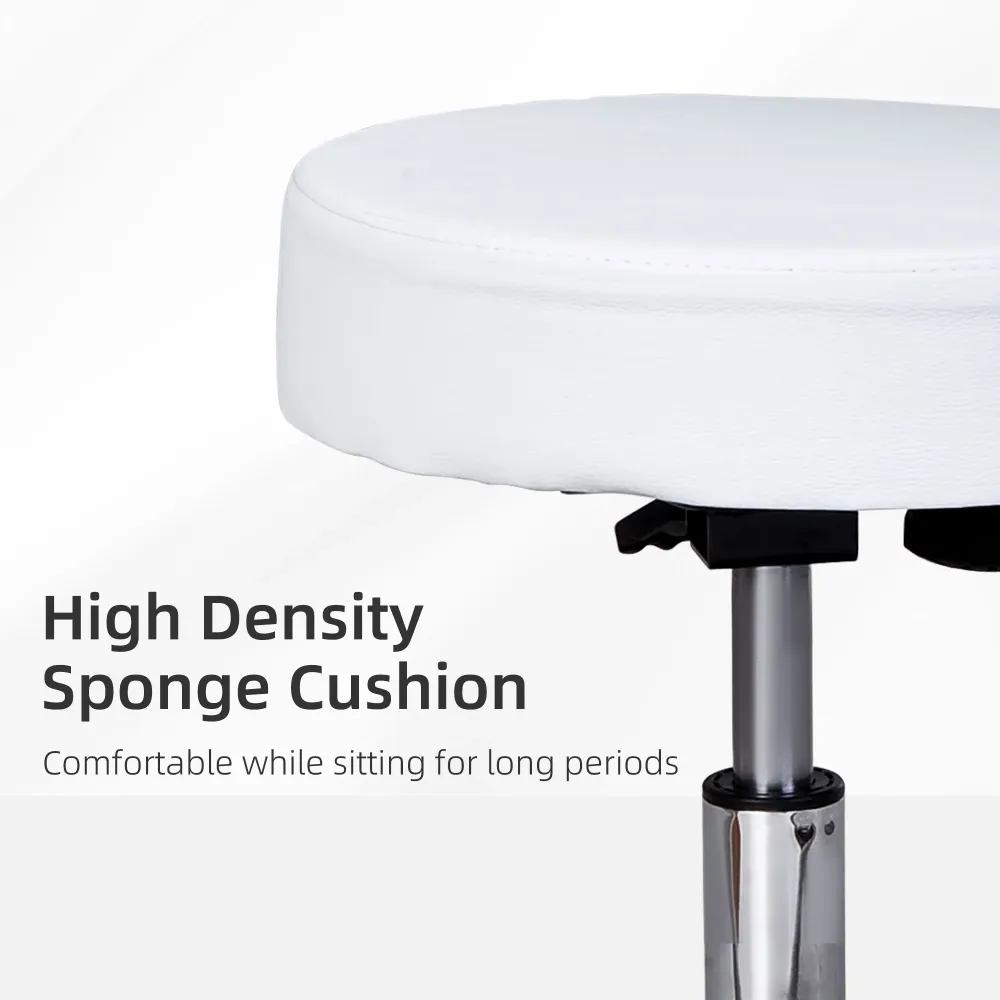 Easycomfort Sgabello Girevole con Schienale, Altezza Regolabile e 5 Ruote pelle PU Bianca per Casa o Negozio