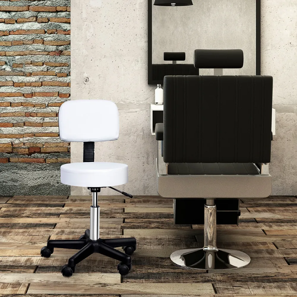 EasyComfort Sgabello Girevole con Schienale, Altezza Regolabile e 5 Ruote pelle PU Bianca per Casa o Negozio