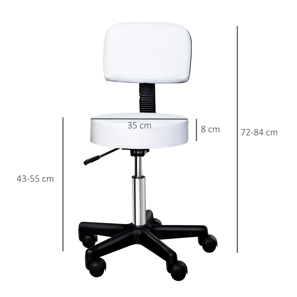 EasyComfort Sgabello Girevole con Schienale, Altezza Regolabile e 5 Ruote pelle PU Bianca per Casa o Negozio
