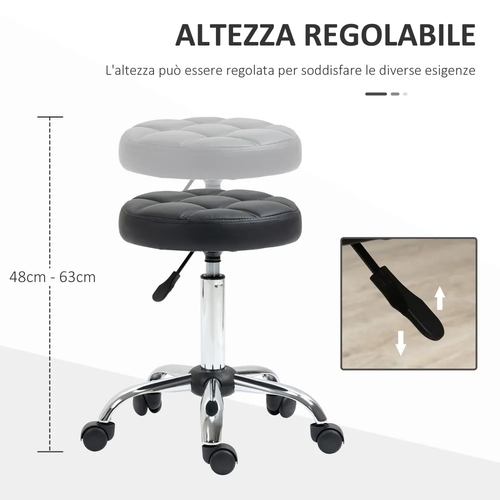 EasyComfort Sgabello Girevole Rotondo con Ruote, Altezza Regolabile e Rivestimento Finta Pelle, Nero